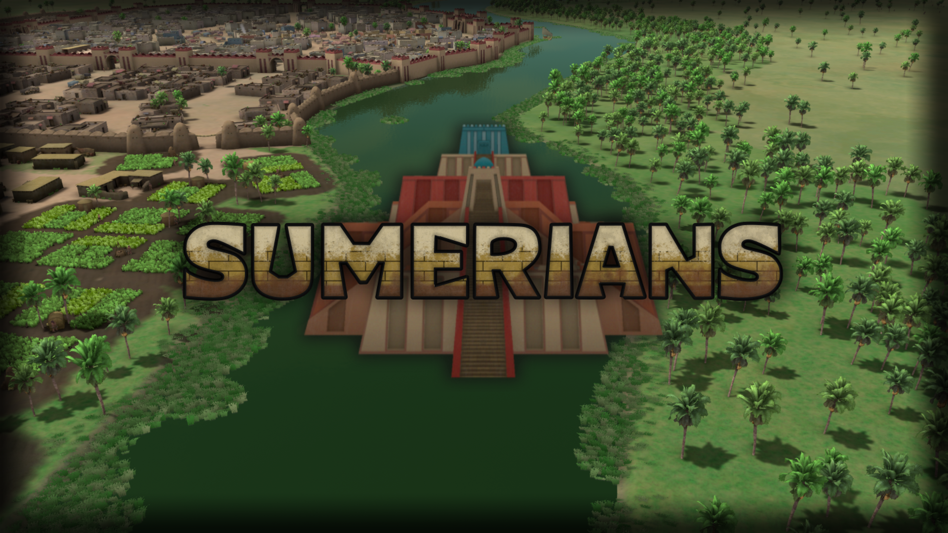 HD desktop wallpaper depicting a stylized ancient Sumerian city with the word SUMERIANS prominently featured.