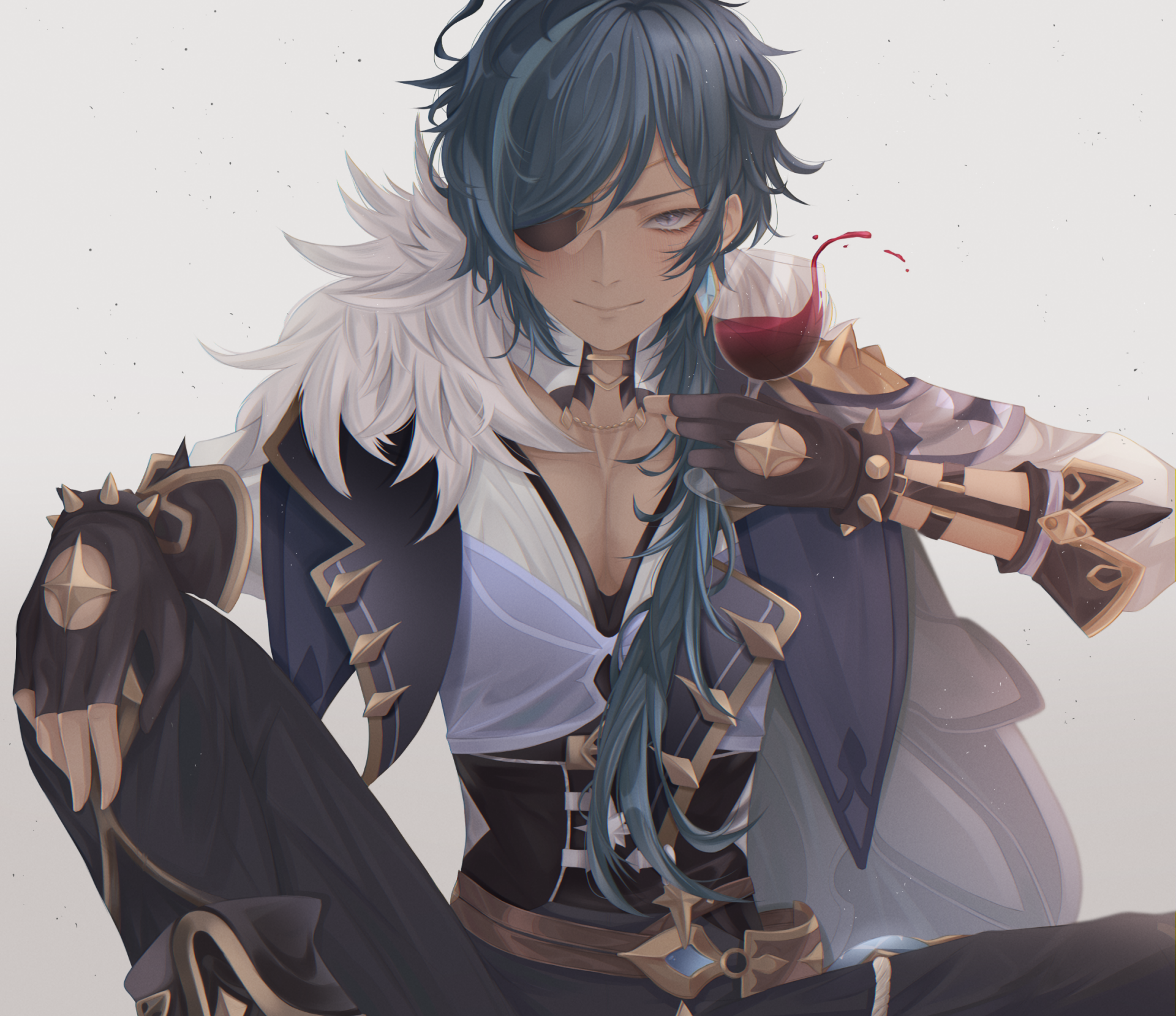 HD PC wallpaper featuring Kaeya from Genshin Impact, wearing an eye patch and holding a glass of red wine, captured in detailed video game art style.