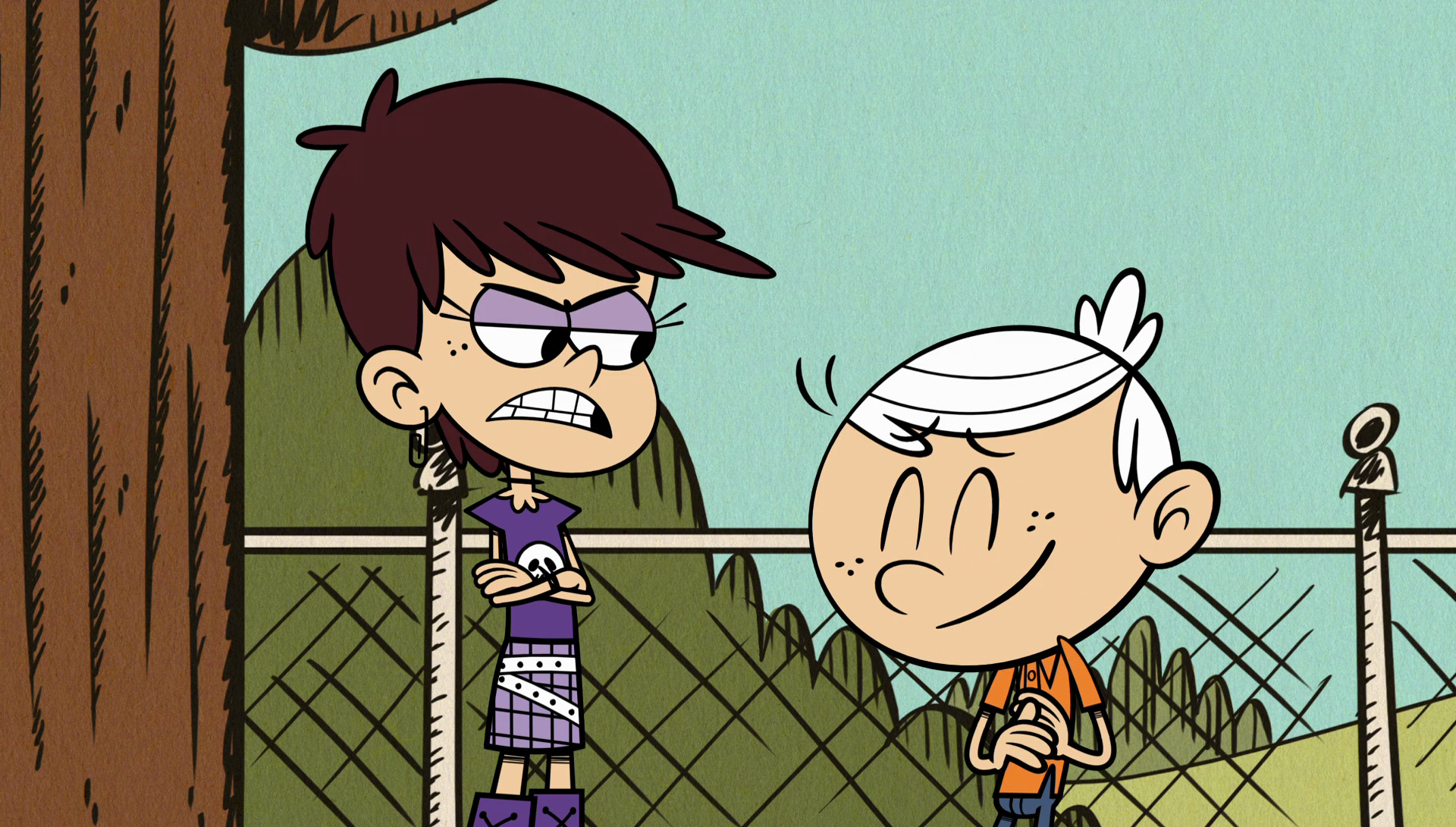 HD desktop wallpaper from The Loud House showing two animated characters, one annoyed and one smiling, against a fence background.