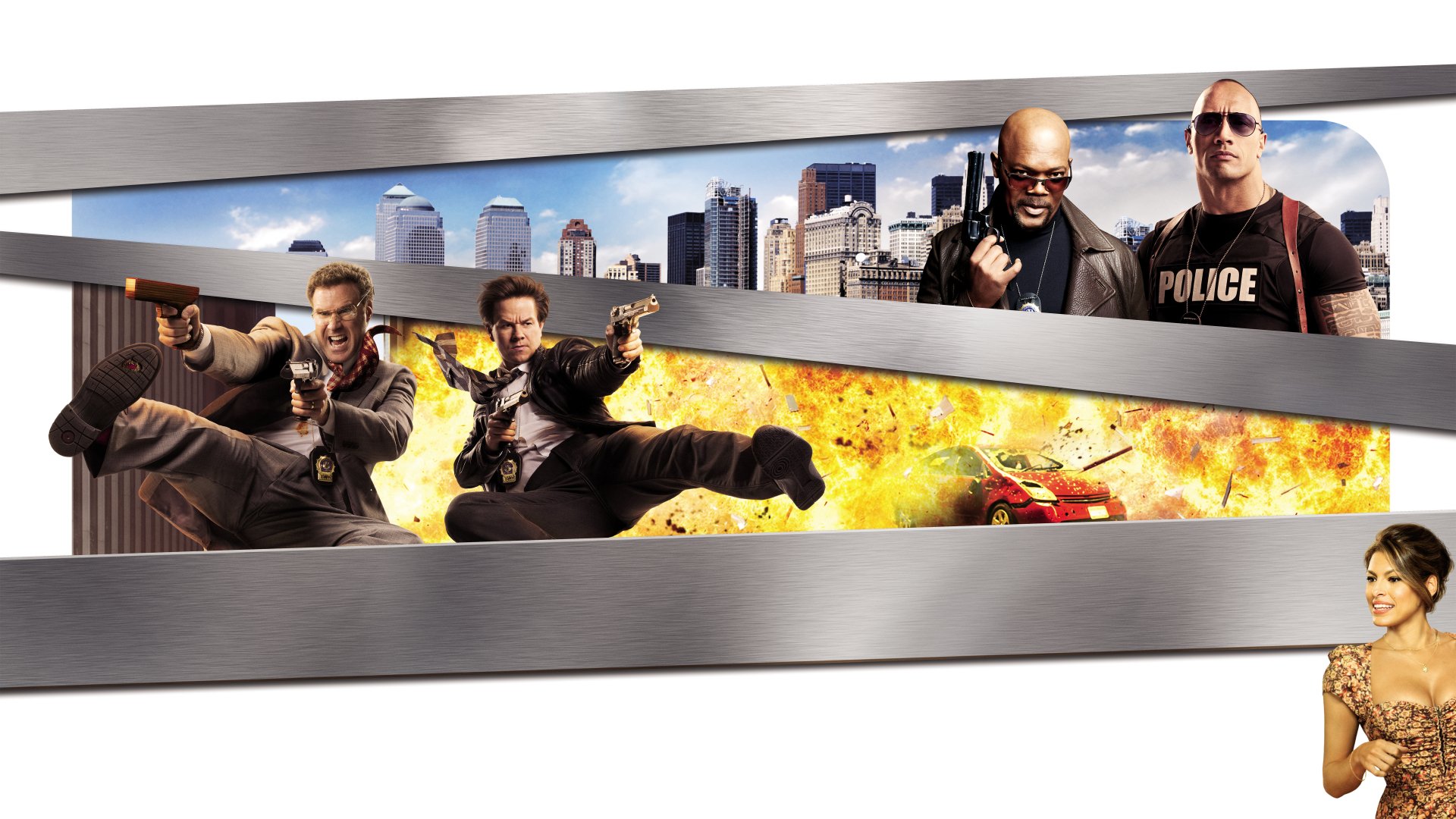 Download Samuel L. Jackson Dwayne Johnson Eva Mendes Will Ferrell Mark Wahlberg Movie The Other Guys 8k Ultra HD Wallpaper