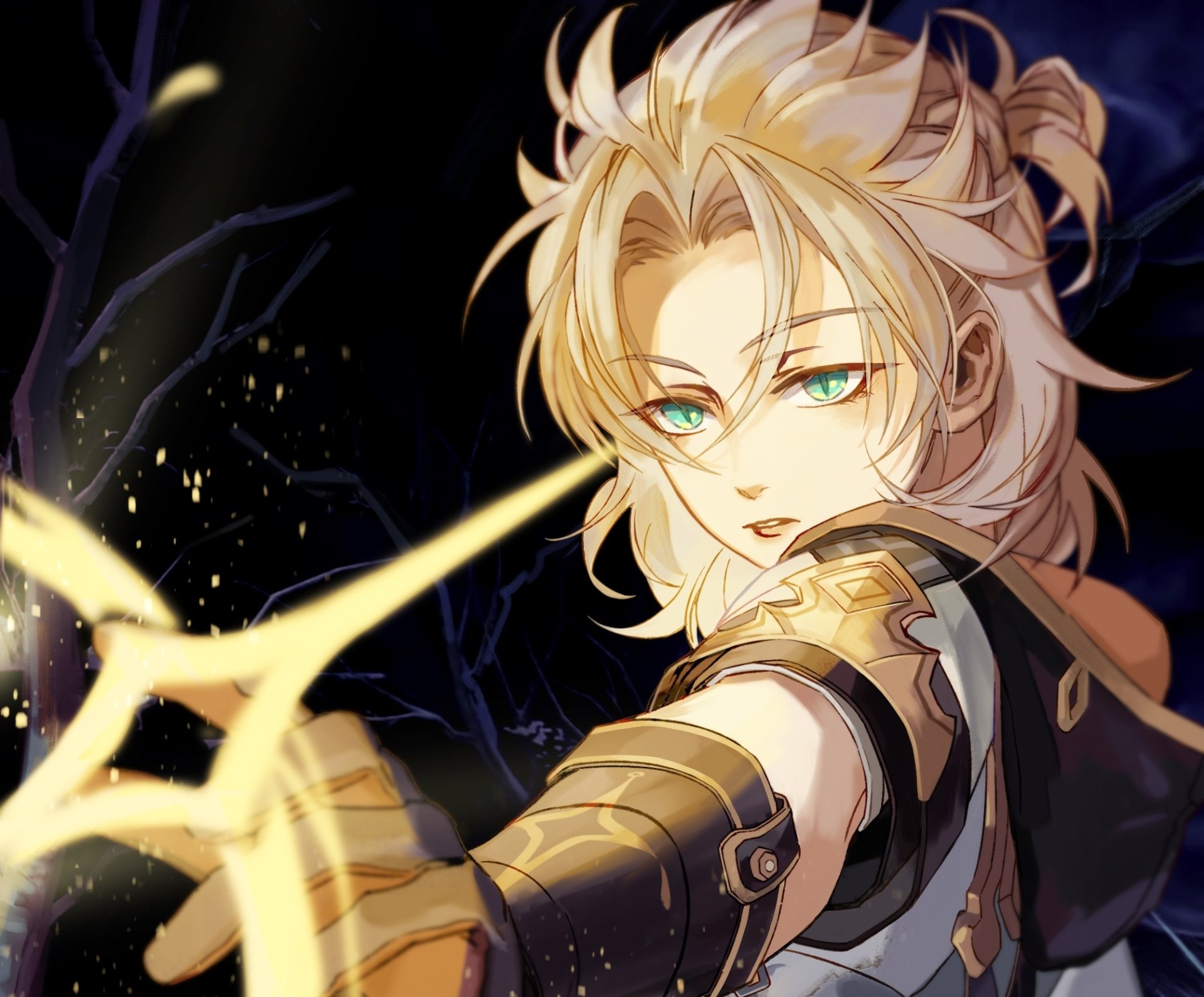 Albedo from Genshin Impact, video game artwork for an HD PC desktop wallpaper/background: blond alchemist with teal eyes channeling glowing Geo energy.