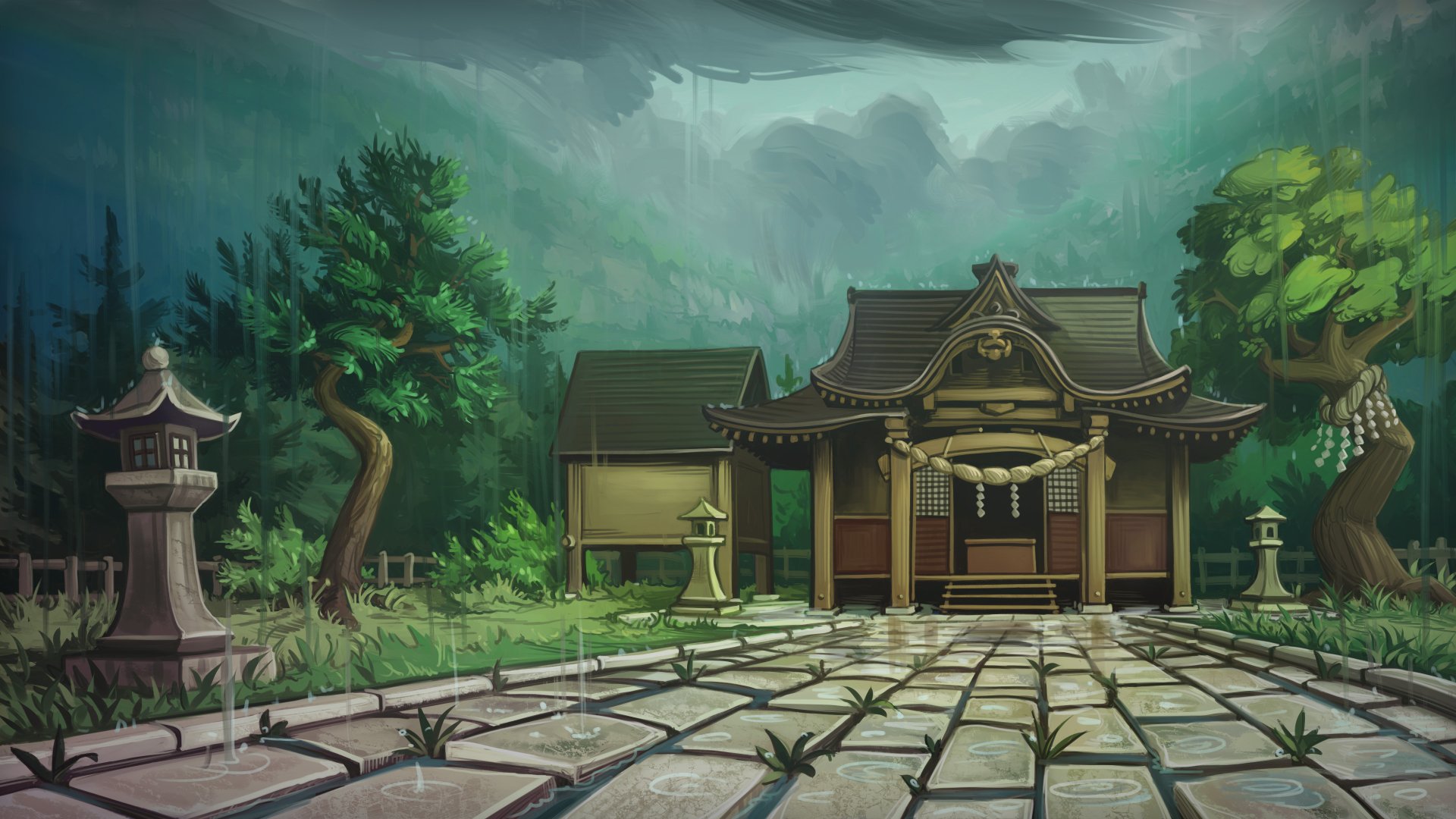 Anime-style 4K Ultra HD Touhou scenery depicting a serene shrine surrounded by lush greenery and misty mountains, designed as a PC desktop wallpaper.