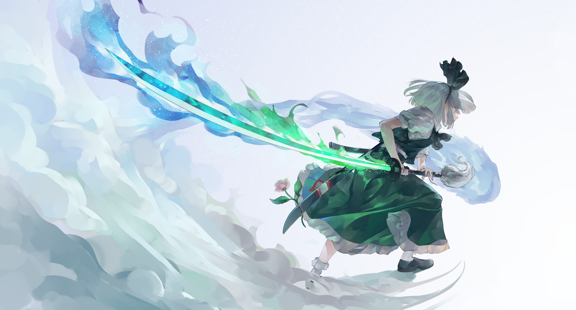 HD PC wallpaper featuring Youmu Konpaku from Touhou, wielding a glowing, ethereal sword with dynamic blue and green energy trails in an anime art style.