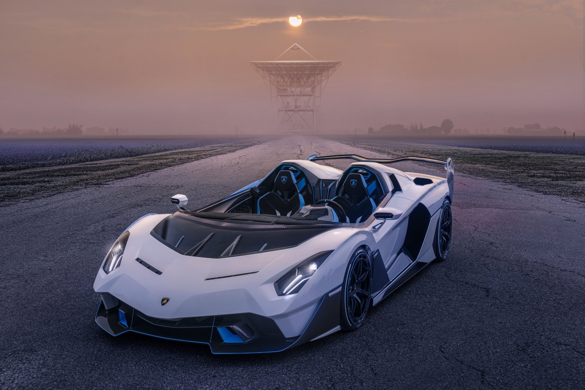 White Lamborghini SC20 supercar parked on an open runway at sunrise, captured in stunning 4K Ultra HD for a striking PC desktop wallpaper.