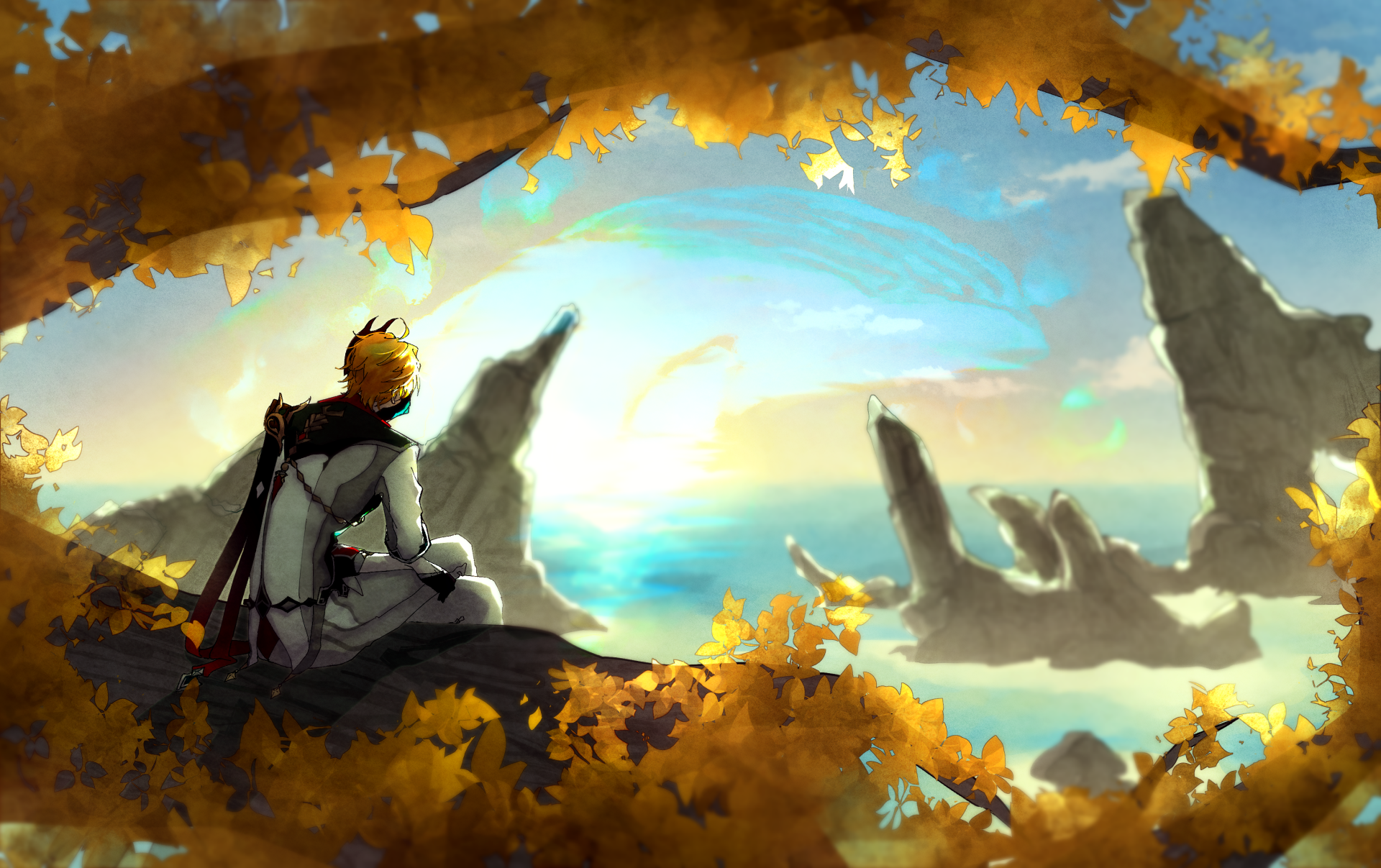 HD PC desktop wallpaper featuring Tartaglia Childe from the video game Genshin Impact, sitting and gazing over a bright, scenic landscape framed by autumn leaves.