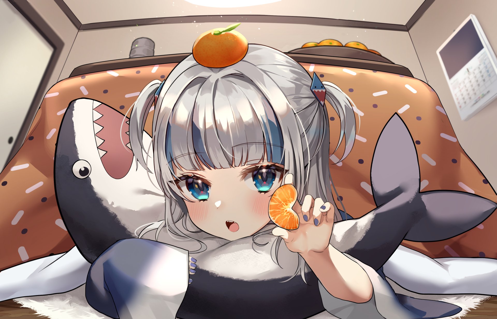 HD desktop wallpaper of Gawr Gura from Hololive, featuring her white hair, aqua eyes, and a cute pose with a shark plush and tangerine slices.
