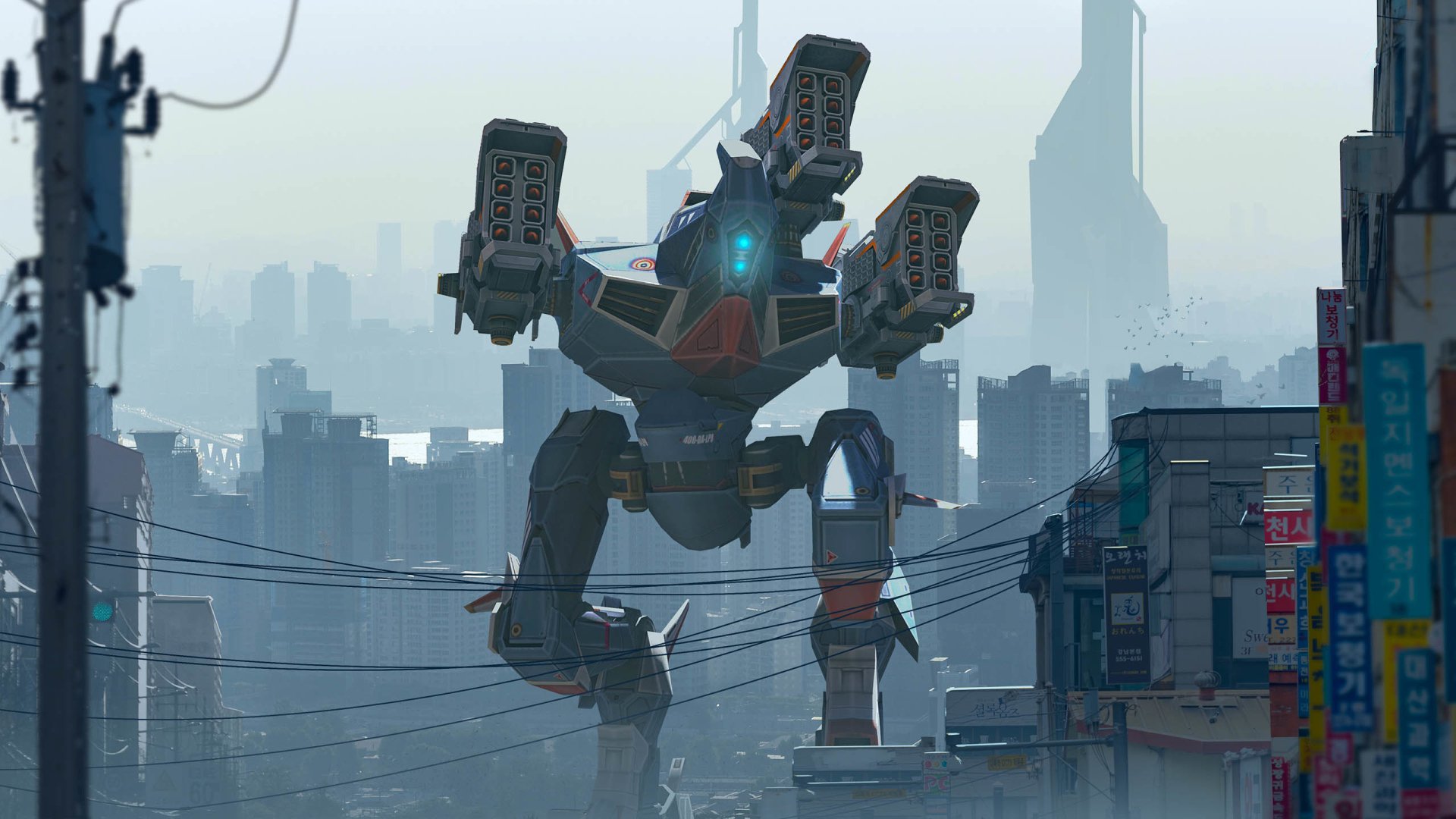 HD wallpaper of a war robot striding through a futuristic cityscape, suitable as a desktop background.