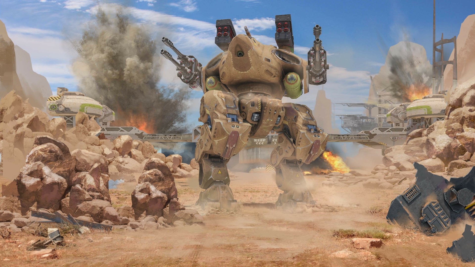 HD desktop wallpaper of a War Robots scene featuring a mech in a dynamic battlefield environment.