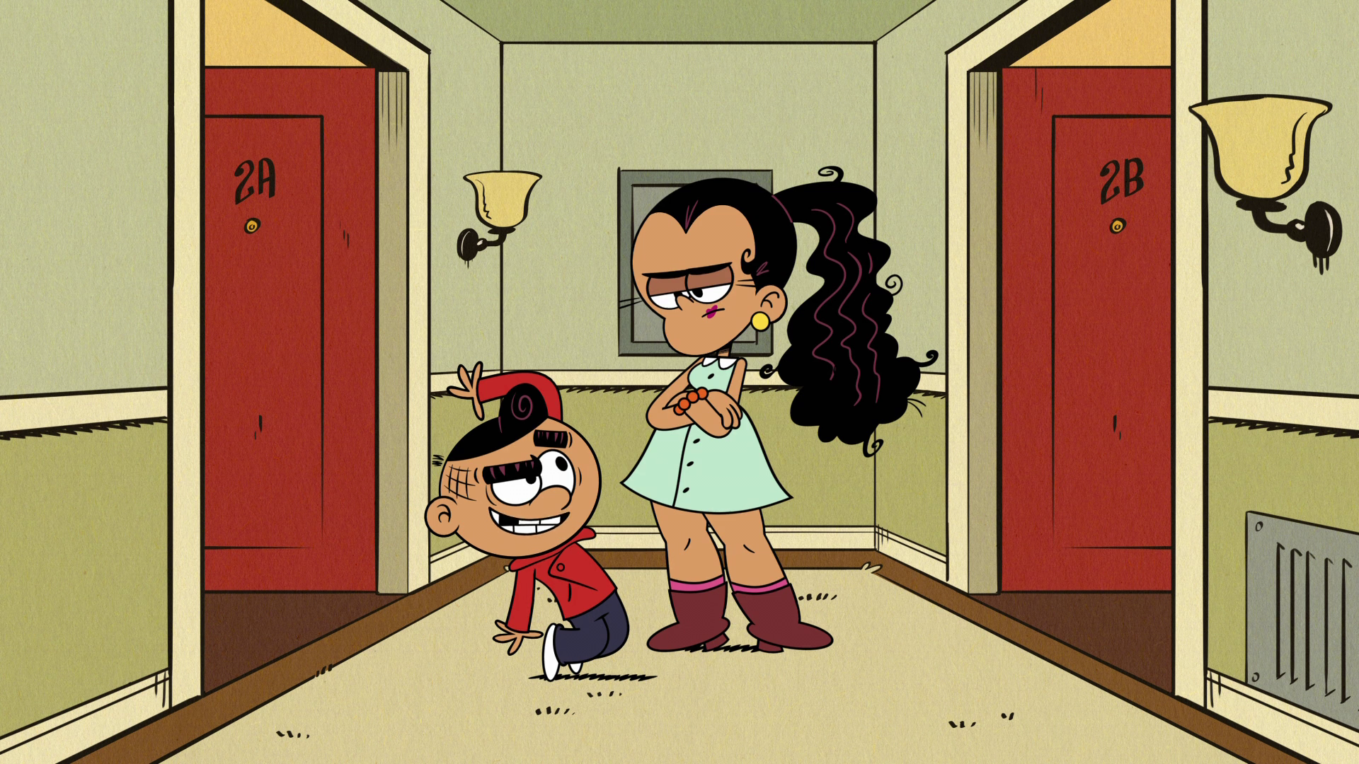 HD desktop wallpaper featuring Carlino Casagrande from The Loud House standing in a hallway with an older girl.
