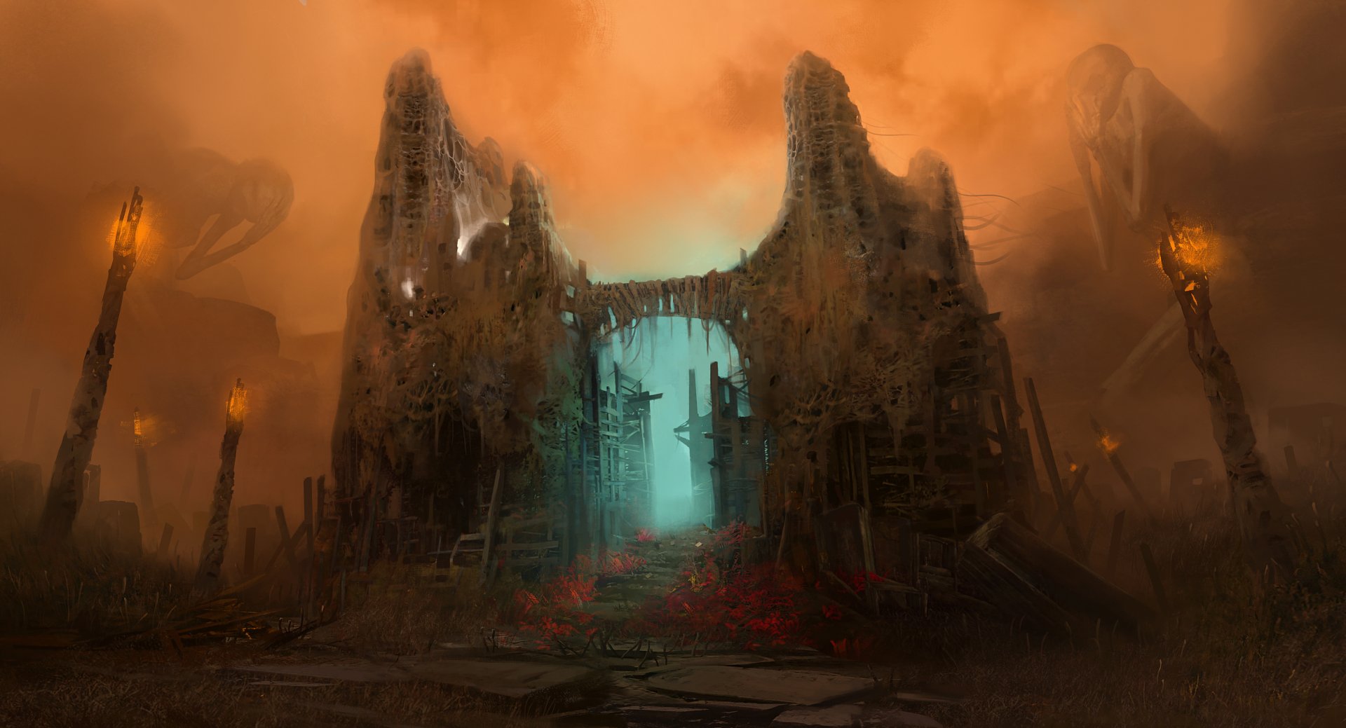 5K Ultra HD PC wallpaper from the video game The Medium: a ruined stone gate and hanging bridge beneath an orange sky, teal glow through the entrance and patches of red flowers.