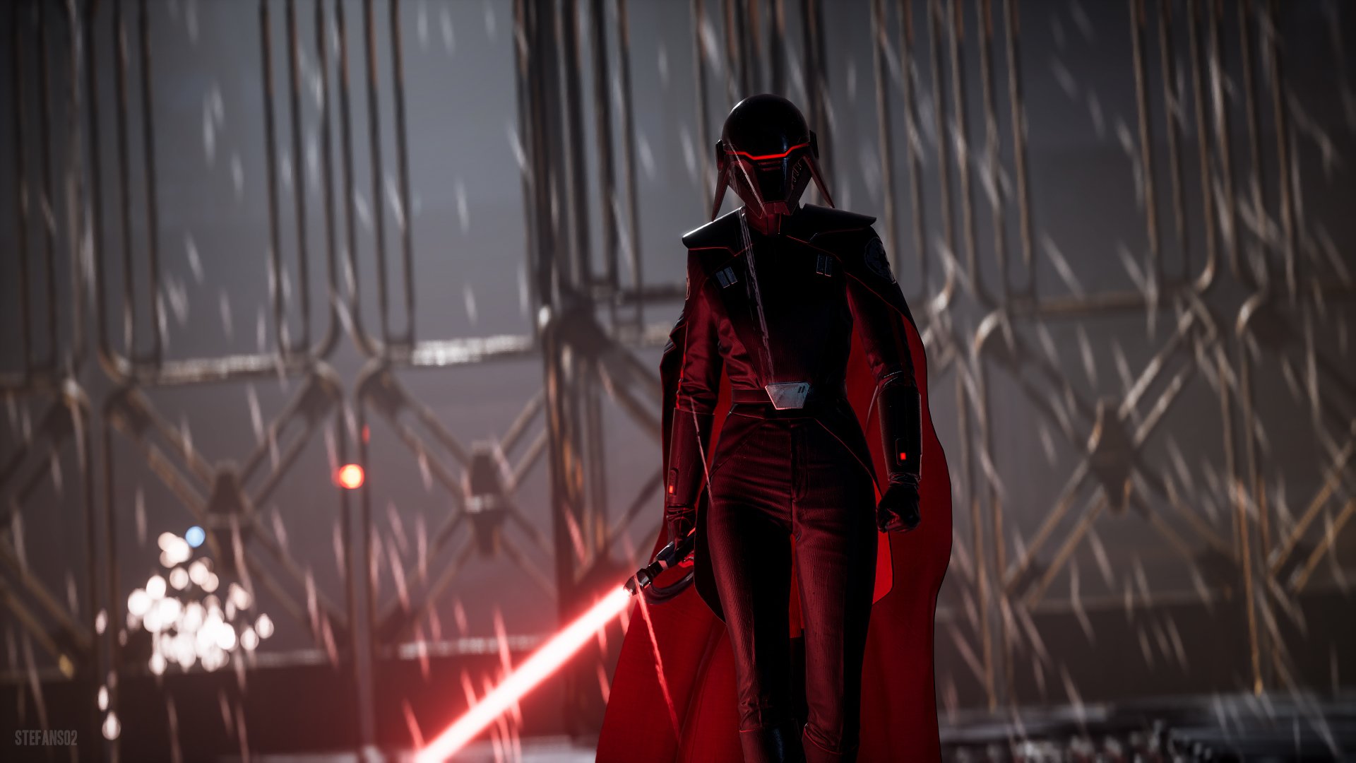 Masked dark figure in a red cloak ignites a red lightsaber in a shadowy industrial chamber — cinematic Star Wars video game scene (Jedi: Fallen Order) 4K Ultra HD PC desktop wallpaper/background.