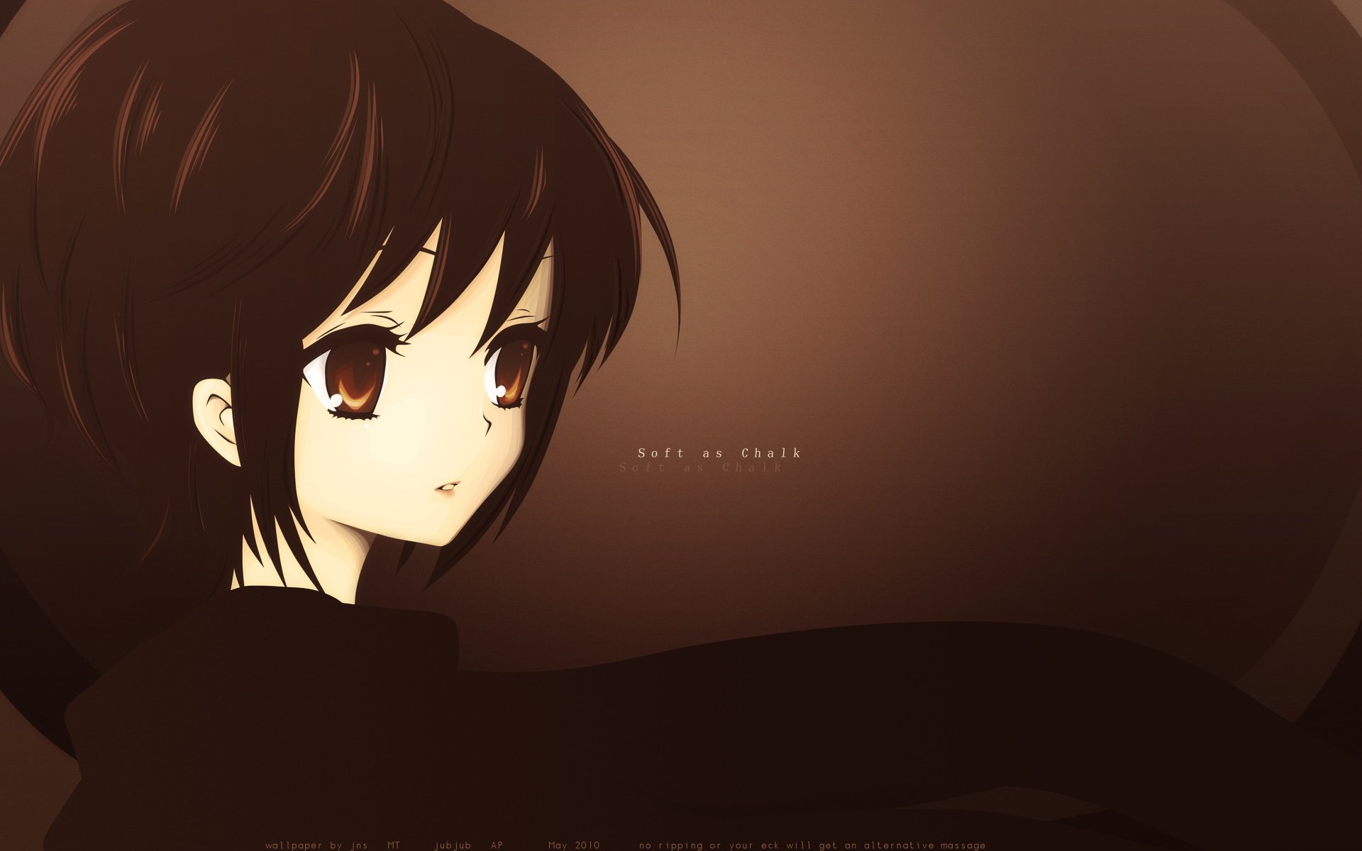 HD PC wallpaper featuring Yuki Nagato from The Melancholy of Haruhi Suzumiya — serene anime portrait in warm brown tones with soft lighting and a minimalist background.