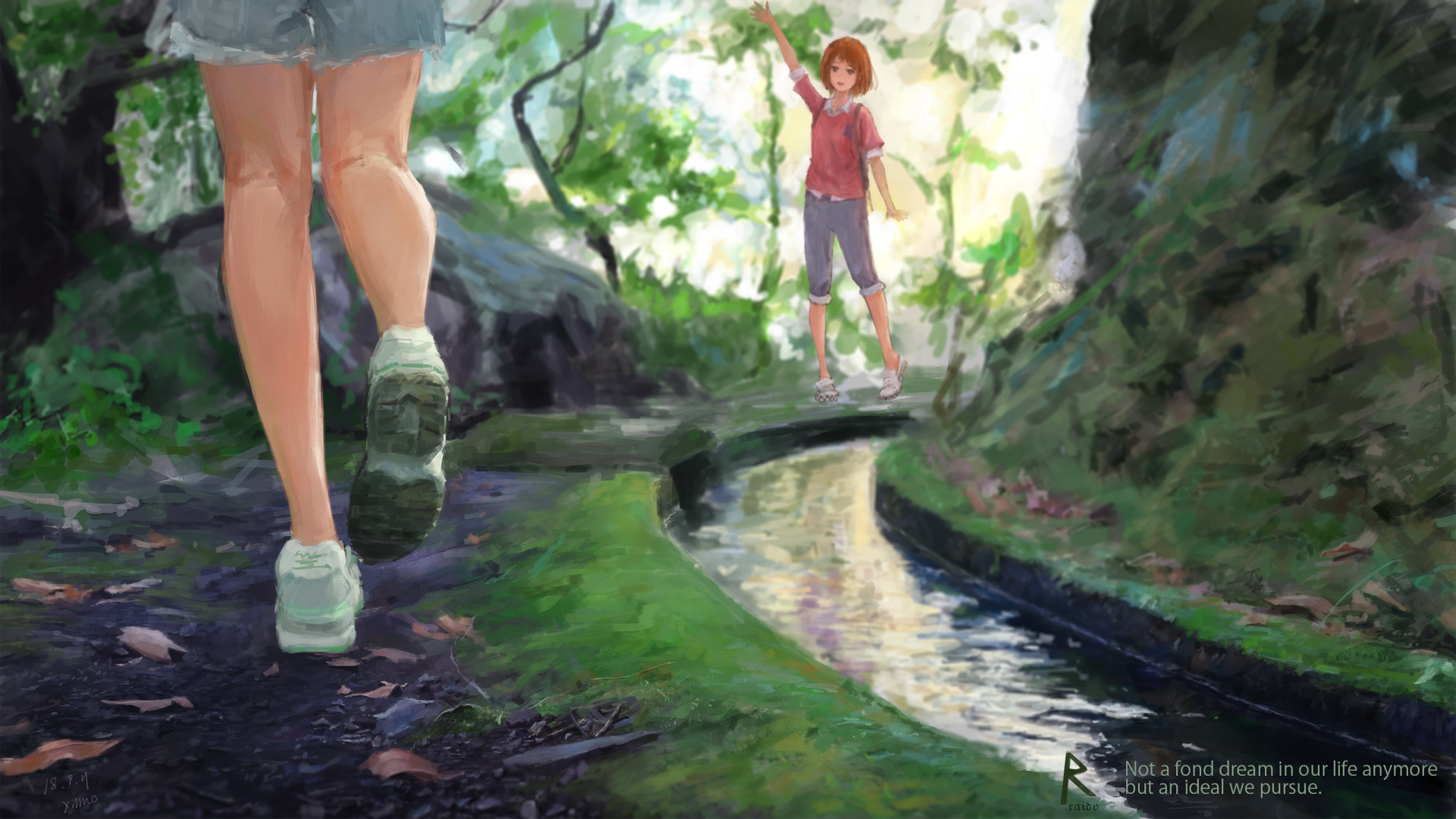 Anime-style HD desktop wallpaper showing two friends hiking along a forest path beside a narrow stream, surrounded by lush greenery and sunlight filtering through trees.