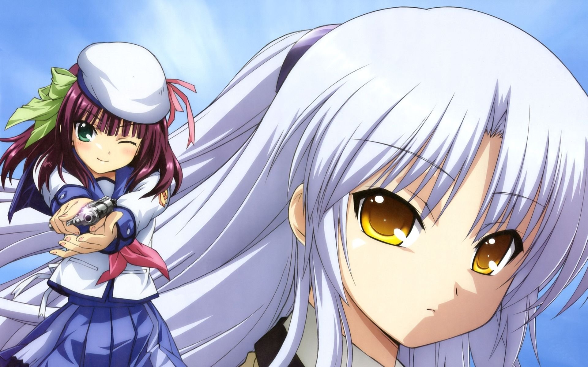 HD anime wallpaper featuring Yuri Nakamura and Kanade Tachibana from Angel Beats! with a bright blue sky background.