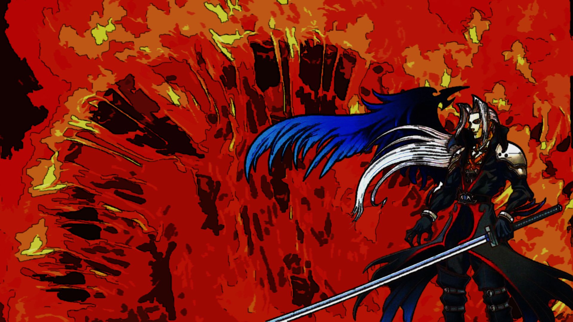 HD PC desktop wallpaper featuring Sephiroth from Final Fantasy, depicted with his iconic long sword against a fiery red background, linked to the Kingdom Hearts universe.