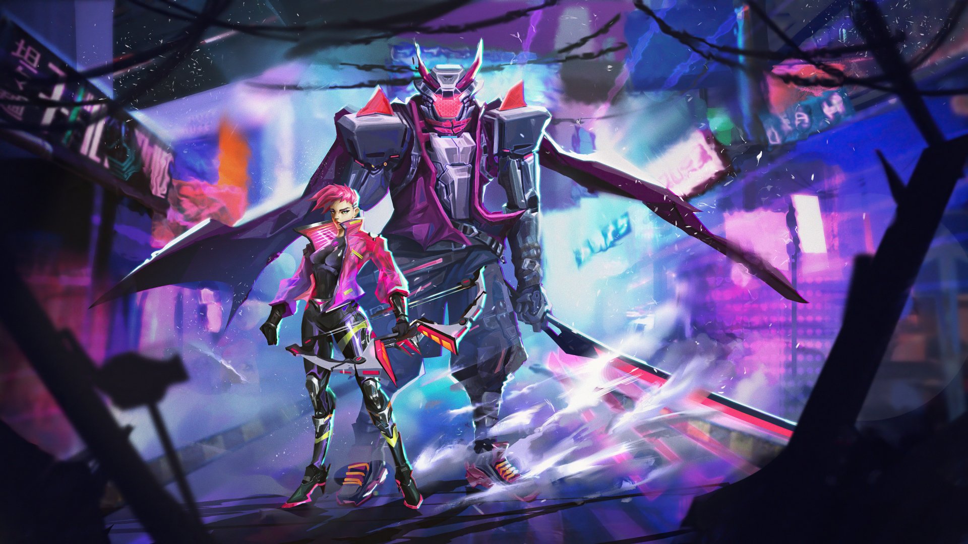 Futuristic sci-fi 4K Ultra HD PC desktop wallpaper: neon-clad woman warrior stands beside a towering combat robot amid a rain-soaked, holographic cyberpunk cityscape.