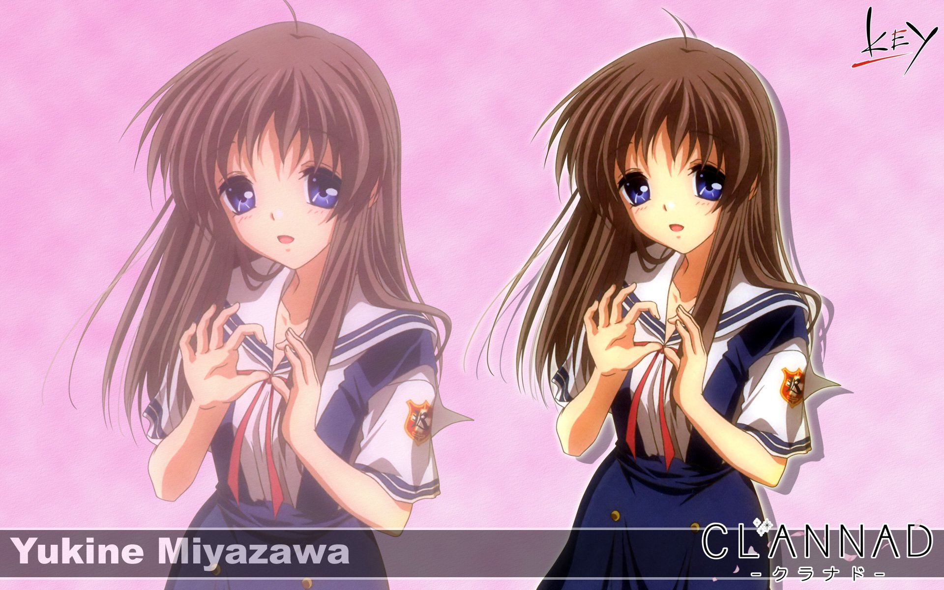 Yukine Miyazawa from Clannad in anime style, standing in a sailor school uniform with clasped hands against a soft pink background — HD PC desktop wallpaper/background