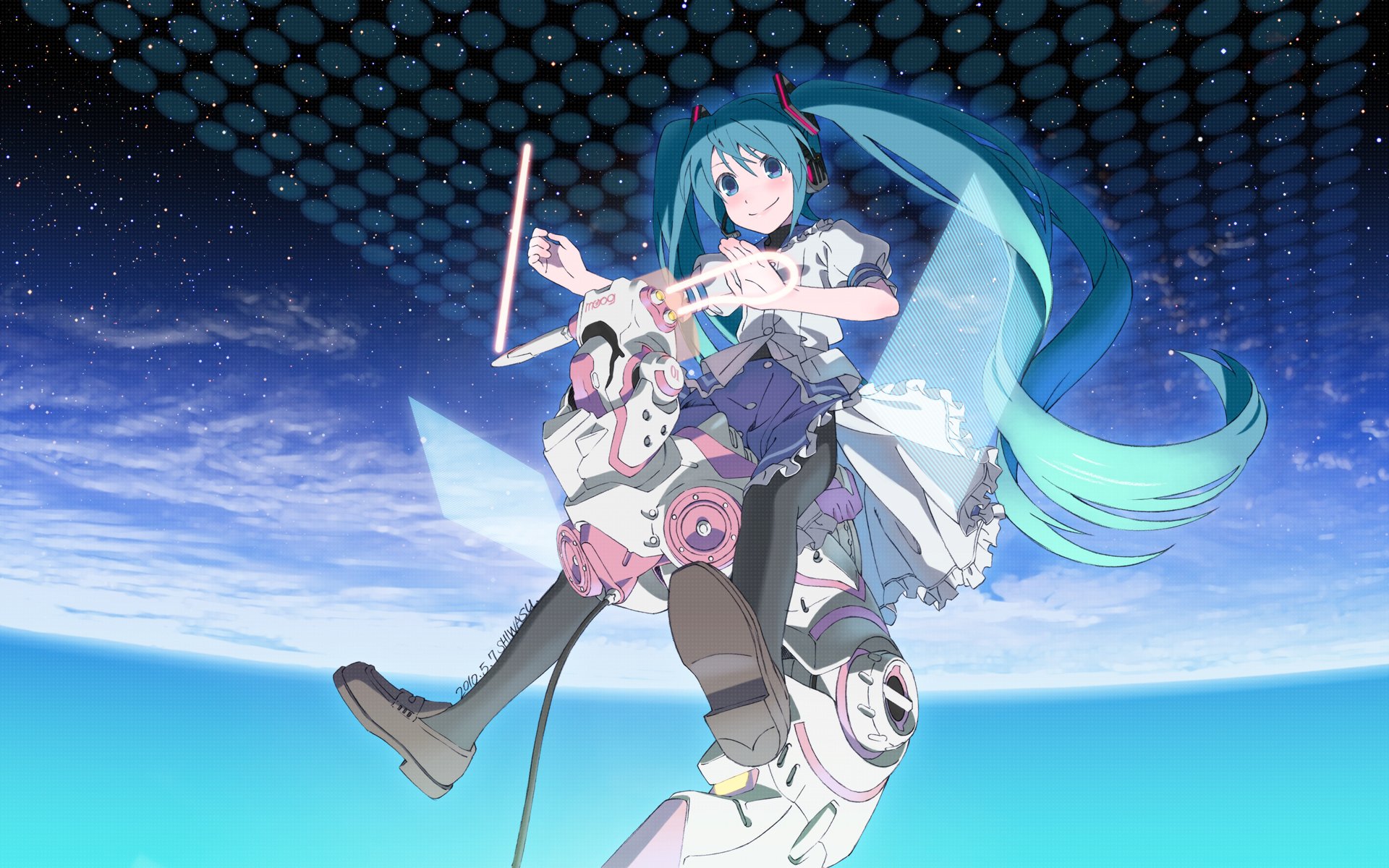 HD PC desktop wallpaper featuring Hatsune Miku, the iconic Vocaloid anime character, floating against a starry sky with futuristic elements and vibrant colors.