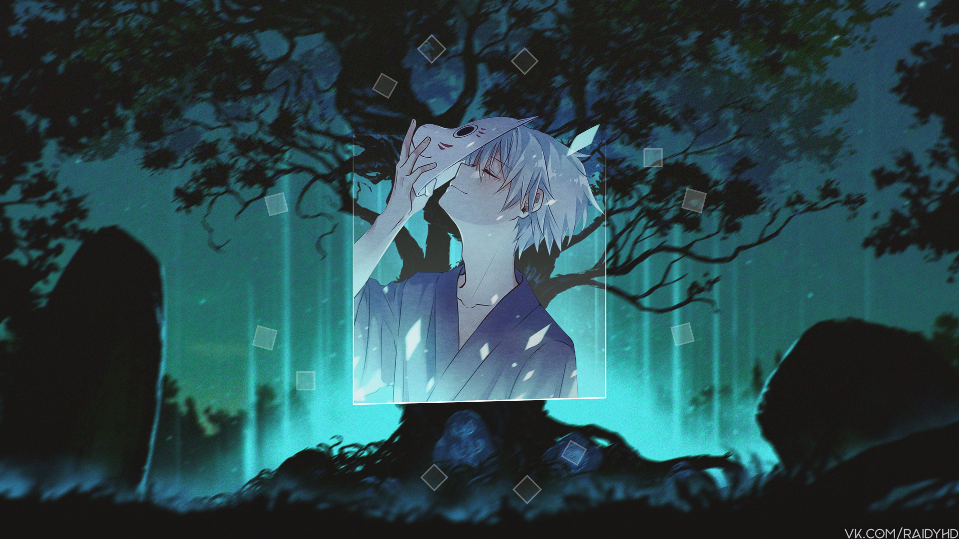 HD desktop wallpaper featuring Gintoki Sakata from Gintama in a picture-in-picture style, with a mystical tree background and ethereal lighting effects.