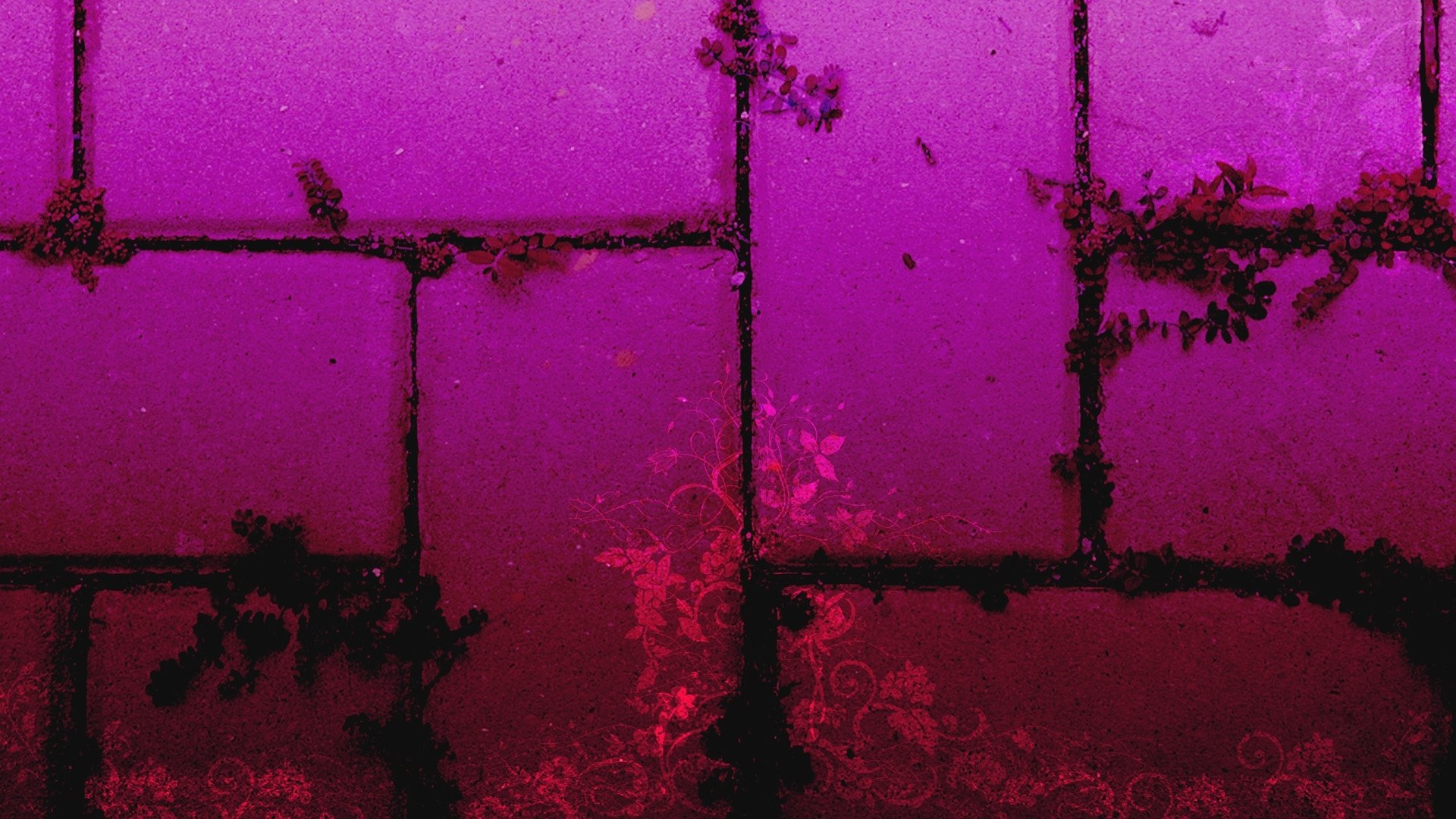 Abstract pattern of magenta-to-deep-pink tiled squares with dark grout and organic moss-like textures, HD PC desktop wallpaper and background.
