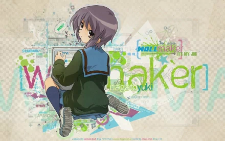 HD PC desktop wallpaper featuring Yuki Nagato from the anime The Melancholy of Haruhi Suzumiya, blending soft colors and graphic elements for a modern look.