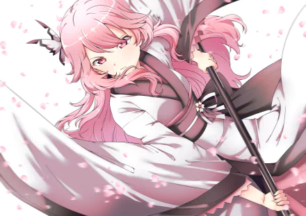 A vibrant 4K Ultra HD wallpaper featuring Yuyuko Saigyouji from the anime Touhou, surrounded by flowing cherry blossoms and a dynamic pose.