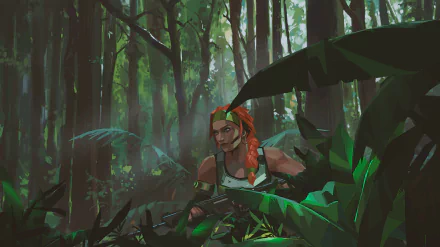 HD PC desktop wallpaper featuring Skye from the video game Valorant, depicted crouching in a dense, green forest environment.