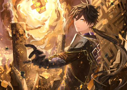 A detailed 4K Ultra HD wallpaper featuring Zhongli from Genshin Impact, showcasing his character in a dynamic pose with a vibrant, mystical background.