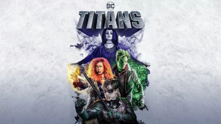 HD Titans TV wallpaper: Robin (Dick Grayson) front, Beast Boy (Garfield Logan) green, Starfire blazing, Raven looming above in stylized team poster.