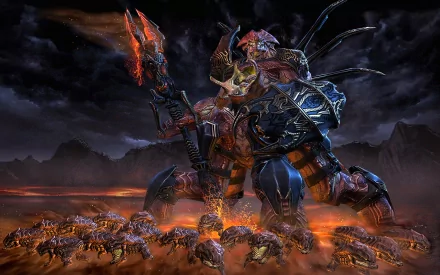 HD wallpaper depicting a fierce warrior demon or alien beast in a sci-fi setting, wielding a weapon and surrounded by smaller creatures with a stormy, mountainous backdrop.