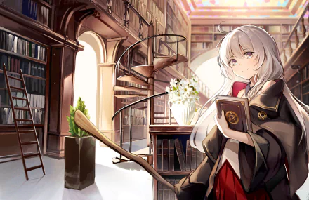 HD desktop wallpaper featuring Elaina from The Journey of Elaina (Majo no Tabitabi) with white hair, set in a sunlit library with bookshelves, a spiral staircase, and a broom.