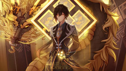 HD desktop wallpaper featuring Zhongli from the video game Genshin Impact. He is depicted in an elegant pose with a golden dragon in the background.