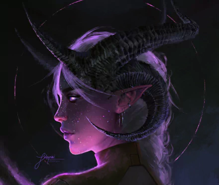 HD fantasy PC wallpaper featuring a demon character with white hair, glowing eyes, pointed ears, and large curved horns against a dark background.