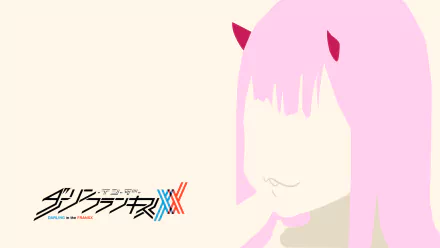 Minimalist vector 4K Ultra HD PC wallpaper: Zero Two (Darling in the FranXX) faceless pink-haired anime portrait with small red horns and the series logo on a pale background.