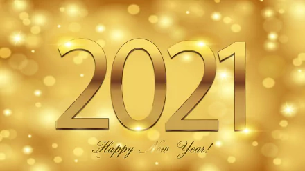 Golden HD PC desktop wallpaper showing large 2021 with bokeh lights and Happy New Year! script, a festive New Year 2021 holiday background.