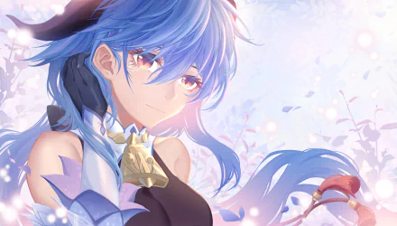 HD desktop wallpaper of Ganyu from the video game Genshin Impact, featuring her with blue hair and a serene expression against a soft, floral background.