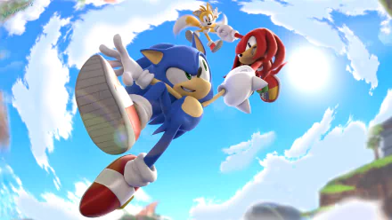4K Ultra HD desktop wallpaper featuring Sonic the Hedgehog, Miles Tails Prower, and Knuckles the Echidna from the video game Sonic Heroes against a vibrant sky background.