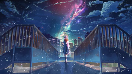 Anime girl stands on a city rooftop under a vibrant, star-filled night sky with a glowing galaxy, rendered in stunning 4K Ultra HD for PC desktop wallpaper.