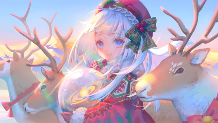 HD anime Christmas wallpaper featuring a girl with white hair, festive outfit, and a beer glass, surrounded by reindeer in a warm winter sunset scene.