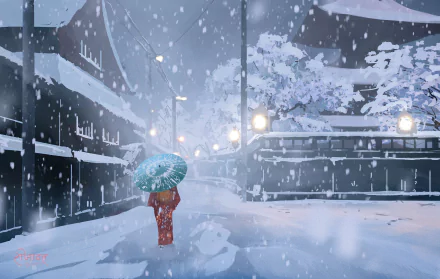 Anime girl holding an umbrella walks through a snowy winter night street, illuminated by soft streetlights in this HD PC desktop wallpaper background.
