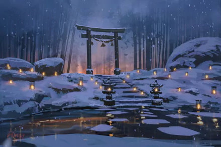 HD desktop wallpaper of an anime-style shrine with a torii gate, surrounded by snow-covered bamboo, lanterns, and a reflective pond under a snowy night sky.