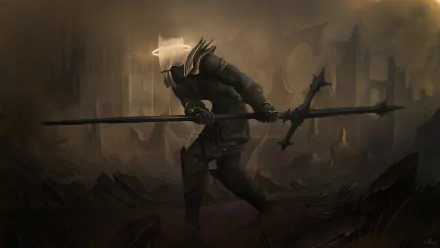 HD fantasy PC desktop wallpaper featuring a dark angel warrior clad in armor, holding a long spear against a moody, shadowy battlefield background.