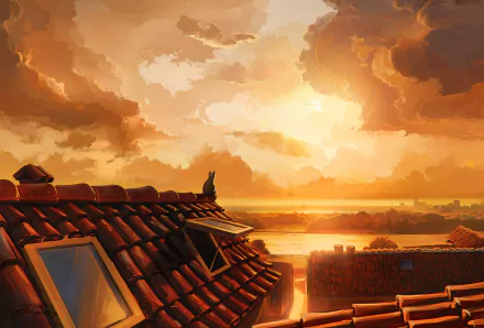 Anime-style sunset with a cat sitting on a rooftop, featuring a vibrant sky with dramatic clouds. The HD desktop wallpaper and background captures a warm, serene end-of-day atmosphere.