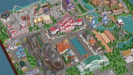 HD Parkitect game wallpaper featuring a vibrant aerial view of a detailed theme park with various attractions.