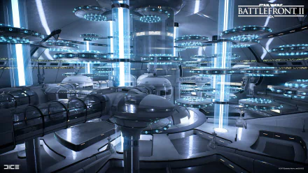HD wallpaper of Kamino cloning facilities from Star Wars Battlefront II, featuring futuristic interior design with blue lighting.