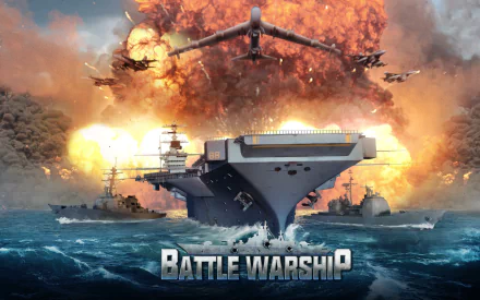 HD desktop wallpaper for Battle Warship: Naval Empire, depicting warships at sea with explosive action in the background.