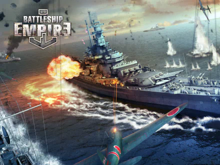 HD desktop wallpaper for Battle Warship: Naval Empire, featuring an intense naval battle with warships and explosions at sea.