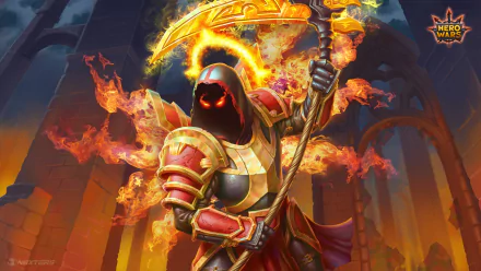 HD wallpaper of a Hero Wars character wielding a fiery sword, set against a grand cathedral backdrop.
