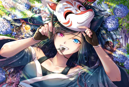 Anime girl with heterochromia, one blue eye and one pink eye, holding a fox mask amid vibrant flowers in a detailed HD desktop wallpaper background.