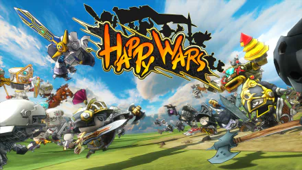 HD desktop wallpaper featuring the vibrant and whimsical chaos of the video game Happy Wars with its title boldly displayed.